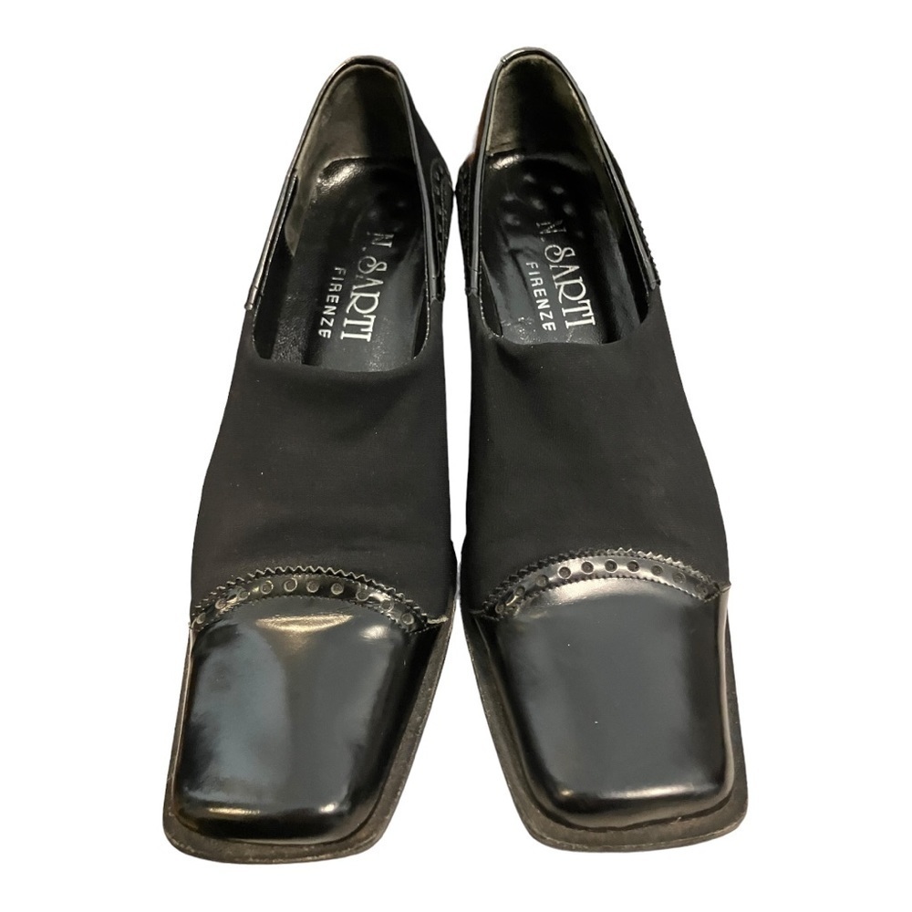 N. Sarti Firenze Black Leather Suede Pumps 2” Block Heel